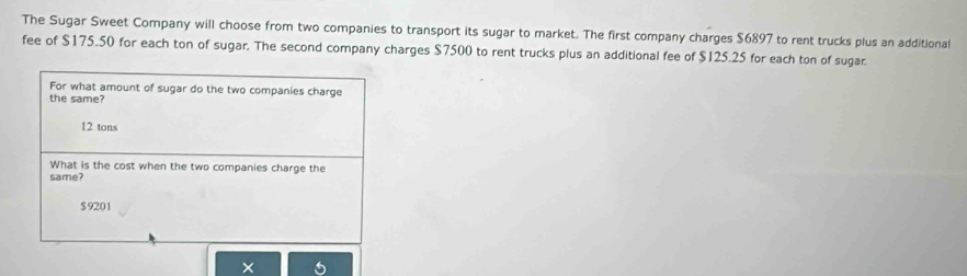 The Sugar Sweet Company will choose from two companies to transport its sugar to market. The first company charges $6897 to rent trucks plus an additional 
fee of $175.50 for each ton of sugar. The second company charges $7500 to rent trucks plus an additional fee of $125.25 for each ton of sugar 
For what amount of sugar do the two companies charge 
the same?
12 tons
What is the cost when the two companies charge the 
same?
$9201
×