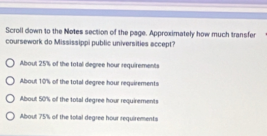 Scroll down to the Notes section of the page. Approximately how much transfer
coursework do Mississippi public universities accept?
About 25% of the total degree hour requirements
About 10% of the total degree hour requirements
About 50% of the total degree hour requirements
About 75% of the total degree hour requirements