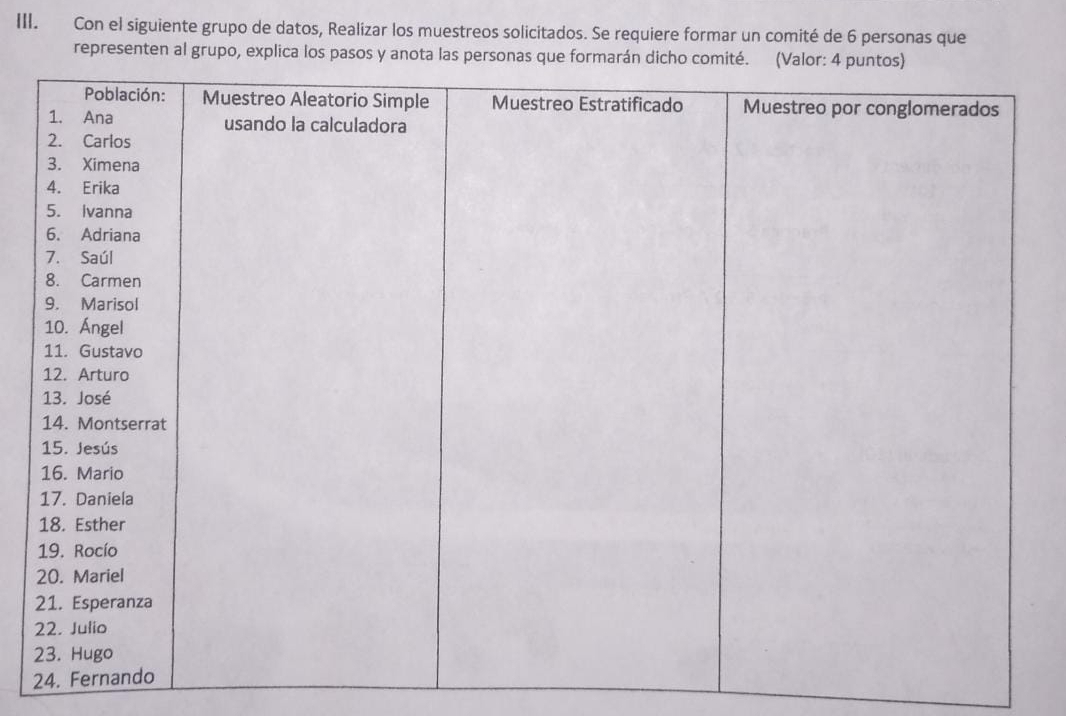 Con el siguiente grupo de datos, Realizar los muestreos solicitados. Se requiere formar un comité de 6 personas que 
representen al grupo, explica los pasos y anota las personas que formarán