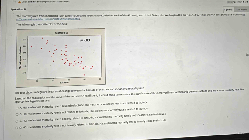 Click Submit to complete this assessment. Question 8 of 8
Question 8 Save Answer
1 points
The mortality rate from melanoma (skin cancer) during the 1950s was recorded for each of the 48 contiguous United States, plus Washington D.C. (as reported by Fisher and Van Belle (1993) and found on h
p://www.stat.psu.edu/-lsimon/stat501wc/sp05/data/)
The following is the scatterplot of the data:

The plot shows a negative linear relationship between the latitude of the state and melanoma mortality rate.
Based on the scatterplot and the value of the correlation coefficient, it would make sense to test the significance of this observed linear relationship between latitude and melanoma mortality rate. The
appropriate hypotheses are:
A. H0: melanoma mortality rate is related to latitude, Ha: melanoma mortality rate is not related to latitude
B. H0: melanoma mortality rate is not related to latitude, Ha: melanoma mortality rate is related to latitude
C. H0: melanoma mortality rate is linearly related to latitude, Ha: melanoma mortality rate is not linearly related to latitude
D. H0: melanoma mortality rate is not linearly related to latitude, Ha: melanoma mortality rate is linearly related to latitude