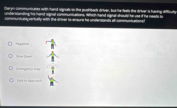 Solved: Daryn communicates with hand signals to the pushback driver ...