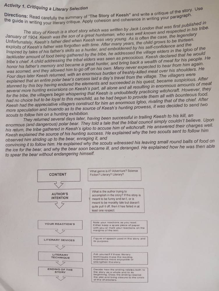 Activity 1. Critiquing a Literary Selection
Directions: Read carefully the summary of 'The Story of Keesh” and write a critique of the story. Use
the guide in writing your literary critique. Apply cohesion and coherence in writing your paragraph
The story of Keesh is a short story which was written by Jack London that was first published in
January of 1904. Keesh was the son of a great huntsman, who was well known and respected in his tribe.
Unfortunately, Keesh's father died when Keesh was very young. As is often the case, the legendary
exploits of Keesh's father was forgotten with time. After many years, the child grows to be thirteen.
Inspired by tales of his father's skills as a hunter, and emboldened by his self-confidence and the
lackluster amount of food being gathered by the tribe, he addressed the village elders in the Igloo of the
tribe's chief. A child addressing the tribal elders was seen as precocious. Keesh declared that he would
honor his father's memory and became a great hunter, and bring back a wealth of meat for his people. He
was scored, and they allowed him to go off on his own. Many never expected to hear from him again.
Four days later Keesh returned, with an enormous burden of freshly-killed meat over his shoulders. He
explained that an entire polar bear's carcass laid a day's travel from the village. The villagers were
stunned by this boy having endured the elements and succeeded in his quest, became suspicious. After
several more hunting excursions on Keesh's part, all alone and all resulting in enormous amounts of meat
for the tribe, the villagers begin whispering that Keesh is undoubtedly practicing witchcraft. However, they
had no choice but to be loyal to this manchild, as he had begun to provide them all with bounteous food.
Keesh had the appreciative villagers construct for him an enormous Igloo, rivaling that of the chief. After
more speculation and Inuendo as to the source of Keesh's hunting prowess, it was decided to send two
scouts to follow him on a hunting exhibition.
They returned several days later, having been successful in trailing Keesh to his kill, an
enormous (and dangerous) polar bear. They told a tale that the tribal council simply couldn't believe. Upon
his return, the tribe gathered in Keesh's igloo to accuse him of witchcraft. He answered their charges well.
Keesh explained the source of his hunting success. He explained why the two scouts sent to follow him
observed him striding up to the bear, enraging it, and
convincing it to follow him. He explained why the scouts witnessed his leaving small round balls of food on
the ice for the bear, and why the bear soon became ill, and deranged. He explained how he was then able
to spear the bear without endangering himself.
What genre is it? Adventure? Science
CONTENT Fiction? Literary? Literary?
What is the author trying to
AUTHOR'S accomplish in the story? If the story is
INTENTION meant to be funny and isn't, or is
meant to be morality tale but doesn't
quite pull it off, then it has failed in at
least one respect.
YOUR REACTION'S Note your reactions as you read
Either keep a spare piece of paper
margins of the text with you or mark your reactions on the
LITERARY DEVICES Figure of speech used in the story and
is purpose
Ask yourself if these literary
TE CH NIQUE LITERARY techniques make the readina 
strengthen the story . experienca more enjoyable or
Decide how the ending relales both to
ENDING OF THE STORY the slory as a whole and to its 
beginning. Does the ending resolve
of the characters the plot and bring closure to the crsi .