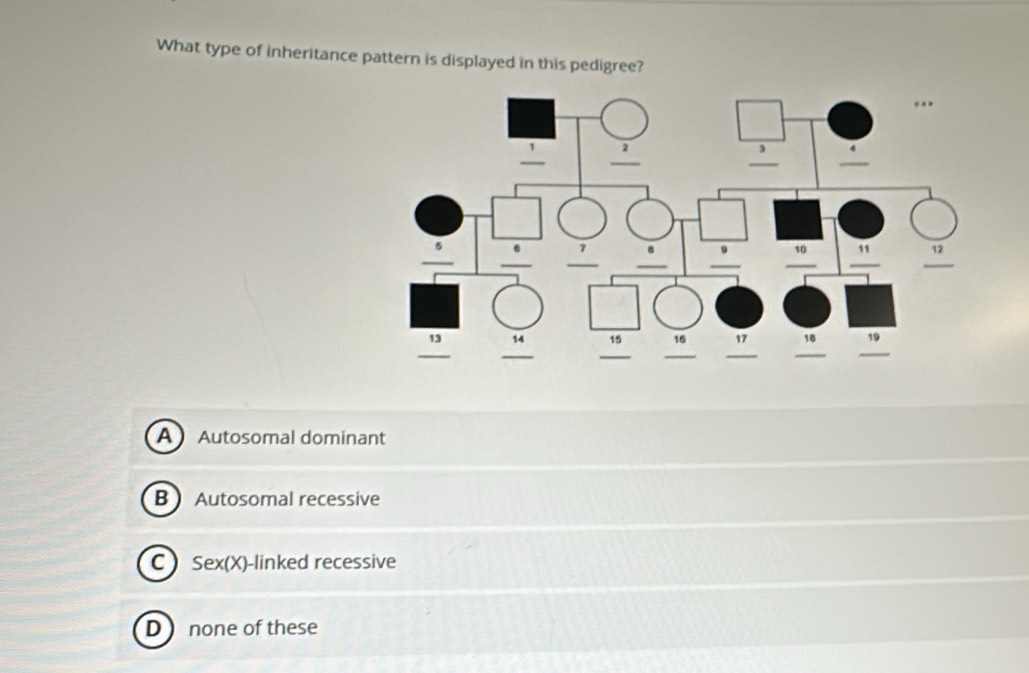 What type of inheritance pattern is displayed in this pedigree?
A Autosomal dominant
B Autosomal recessive
C Sex(X)-linked recessive
D none of these