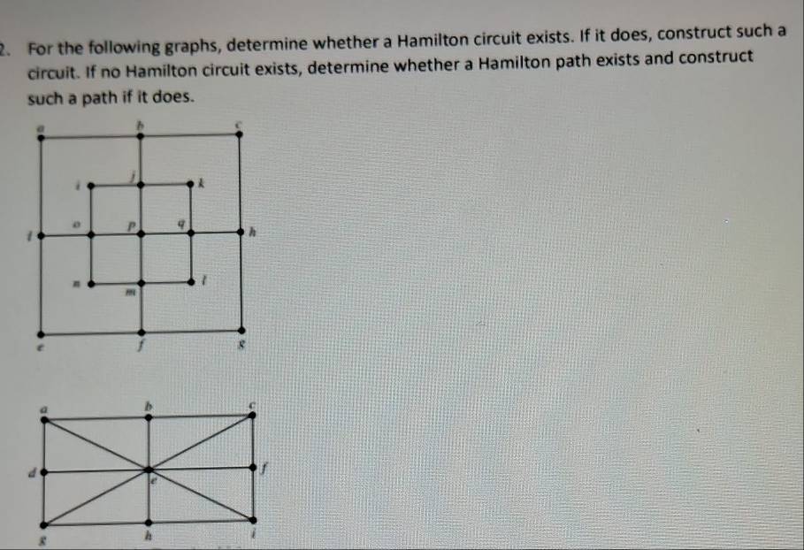 For the following graphs, determine whether a Hamilton circuit exists. If it does, construct such a 
circuit. If no Hamilton circuit exists, determine whether a Hamilton path exists and construct 
such a path if it does.