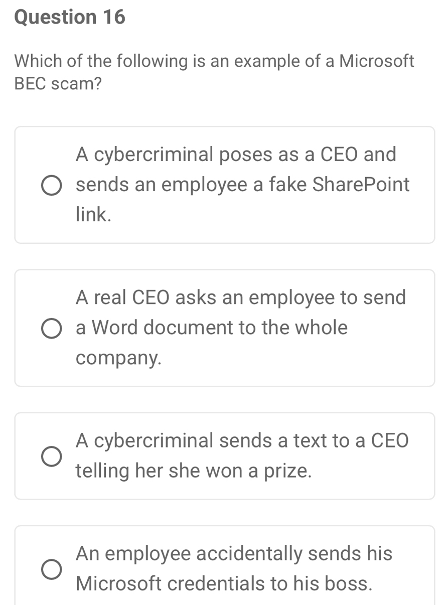 Solved: Which of the following is an example of a Microsoft BEC scam? A ...