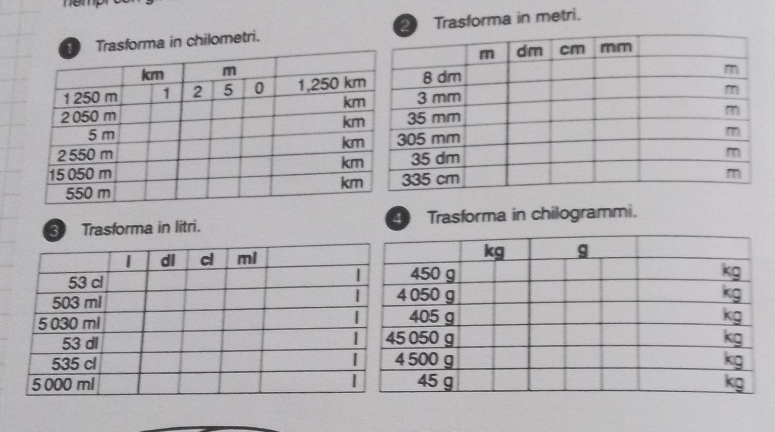 forma in chilometri. Trasforma in metri. 
4 
3 Trasforma in litri. Trasforma in chilogrammi.