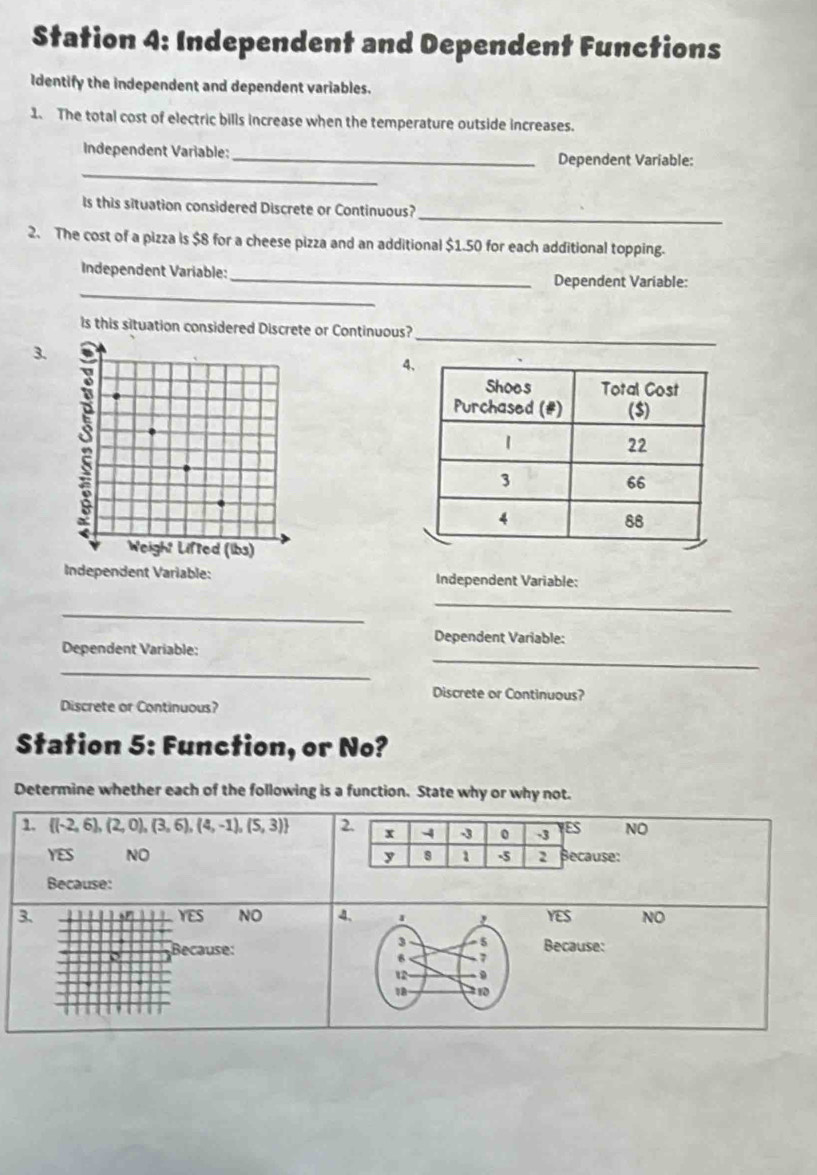 Station 4: Independent and Dependent Functions
Identify the independent and dependent variables.
1. The total cost of electric bills increase when the temperature outside increases.
_
Independent Variable:_ Dependent Variable:
_
Is this situation considered Discrete or Continuous?
2. The cost of a pizza is $8 for a cheese pizza and an additional $1.50 for each additional topping.
_
Independent Variable:_ Dependent Variable:
_
ls this situation considered Discrete or Continuous?
3.
Independent Variable: Independent Variable:
_
_
Dependent Variable:
_
Dependent Variable:
_
Discrete or Continuous?
Discrete or Continuous?
Station 5: Function, or No?
Determine whether each of the following is a function. State why or why not.
1.  (-2,6),(2,0),(3,6),(4,-1),(5,3) 2 x 4 -3 0 -3 ES NO
YES NO y 8 1 -S 2 Because:
Because:
3 8 YES NO 4YES NO
o Because:
Because: