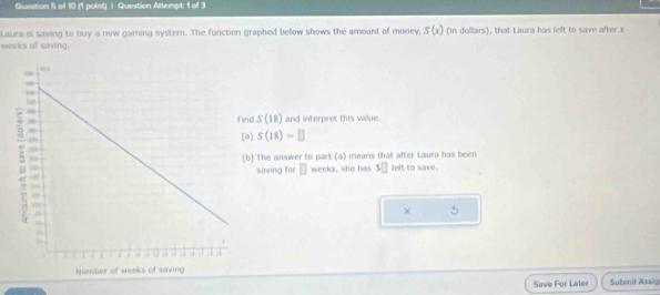 Question Atlempt: 1 of 3 
Laura is saving to buy a new gaming system. The function graphed below shows the amount of money, S(x) (in dollars), that Laura has left to save after x
weeks of saving. 
d S(18) and interpret this value. 
) S(18)=□
) The answer to part (a) means that after Laura has been left to save. 
saving for □ weeks, she has $□
χ 
Save For Later Submit Assig