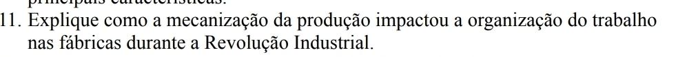 Explique como a mecanização da produção impactou a organização do trabalho 
nas fábricas durante a Revolução Industrial.