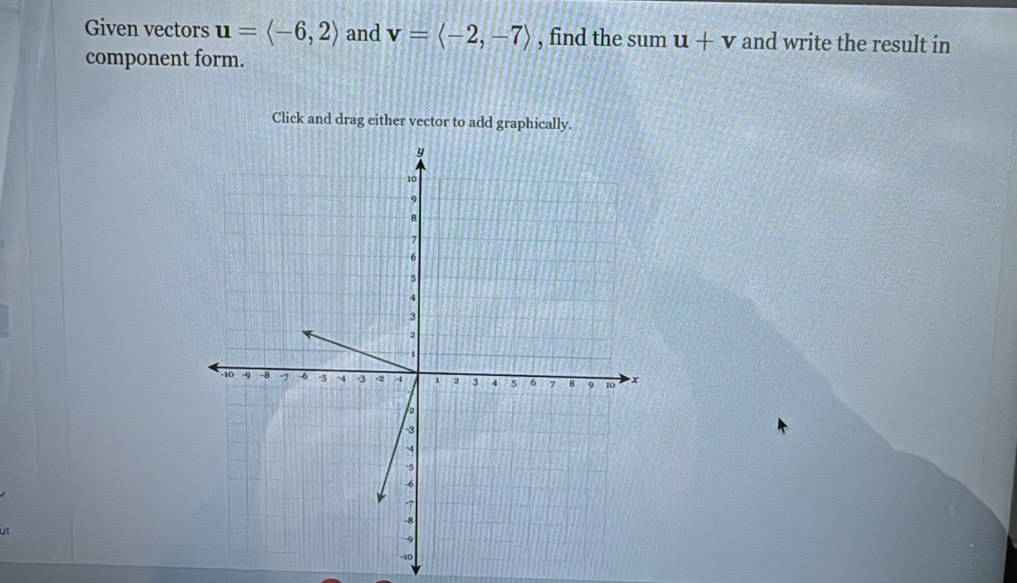 Given vectors u=langle -6,2rangle and v=langle -2,-7rangle , find the sum u+v and write the result in 
component form. 
Click and drag either vector to add graphically. 
at