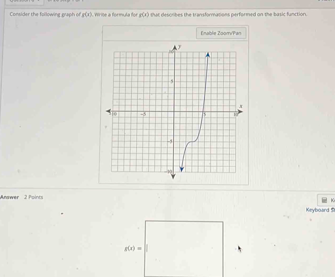 Consider the following graph of g(x). Write a formula for g(x) that describes the transformations performed on the basic function. 
Enable Zoom/Pan 
Answer 2 Points K 
Keyboard S
g(x)=