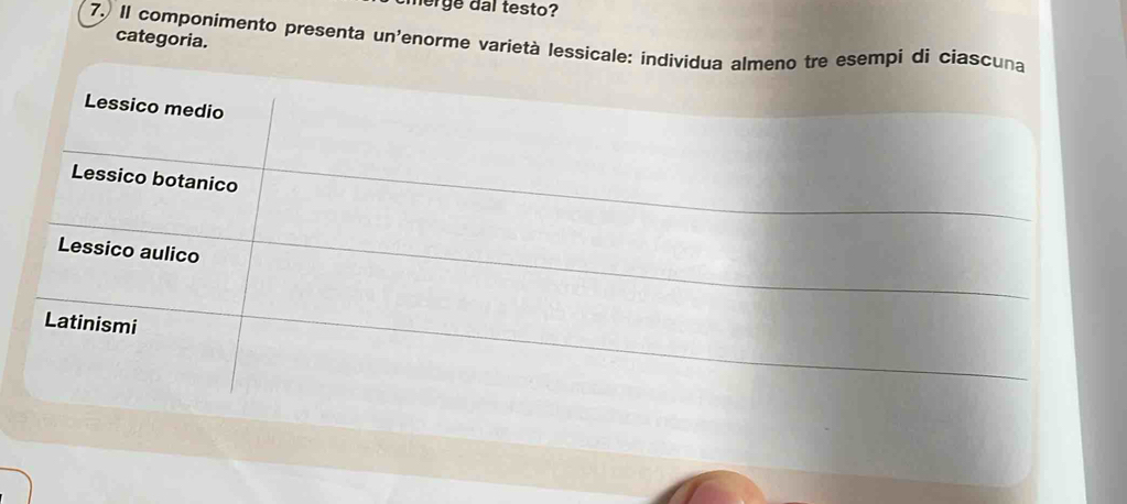 herge dal testo?
categoria.
7.) Il componimento presenta un'enorme varietà lessicale: individua almeno tre esempi di ciascuna
Lessico medio
Lessico botanico
Lessico aulico
Latinismi