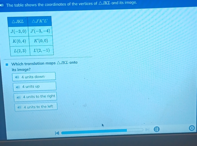 The table shows the coordinates of the vertices of △ JKL and its image.
Which translation maps △ JKL onto
its image?
 4 units down
( 4 units up
4 units to the right
4 units to the left