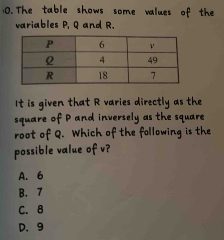 The table shows some values of 
variables P, Q and R.
It is given that R varies directly as the
square of P and inversely as the square
root of Q. Which of the following is the
possible value of v?
A. 6
B. 7
C. 8
D. 9