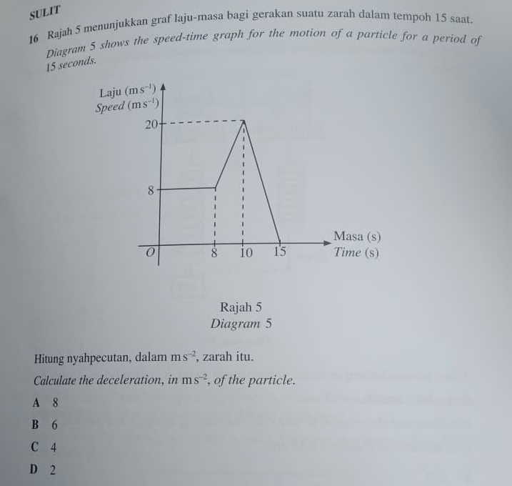 SULIT
16 Rajah 5 menunjukkan graf laju-masa bagi gerakan suatu zarah dalam tempoh 15 saat.
Diagram 5 shows the speed-time graph for the motion of a particle for a period of
15 seconds.
Laju (ms^(-1))
Speed (ms^(-1))
20
8
Masa (s)
0 8 io 15 Time (s)
Rajah 5
Diagram 5
Hitung nyahpecutan, dalam ms^(-2) , zarah itu.
Calculate the deceleration, in ms^(-2) , of the particle.
A 8
B 6
C 4
D 2