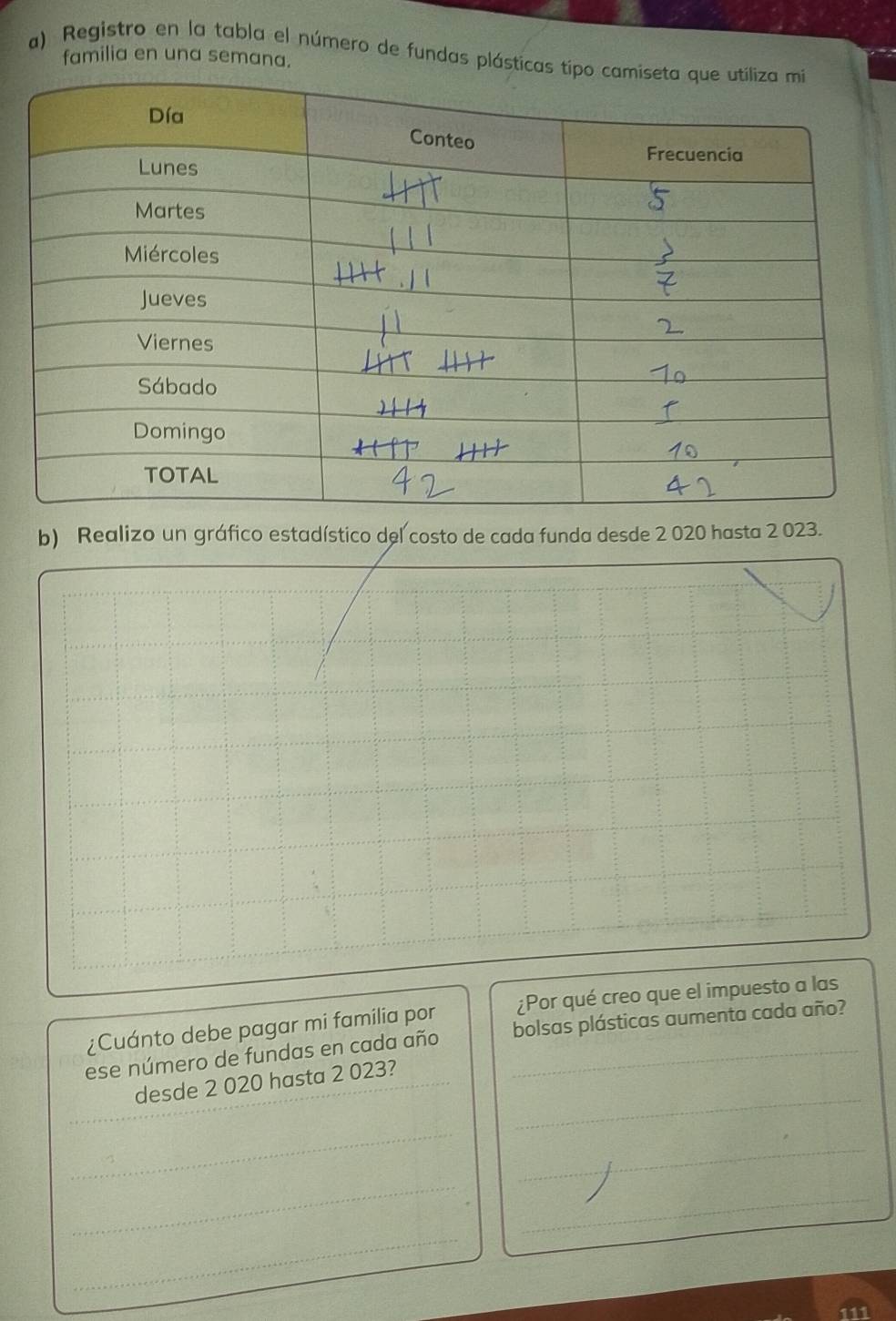 Registro en la tabla el número de fundas plásticas tip 
familia en una semana. 
b) Realizo un gráfico estadístico del costo de cada funda desde 2 020 hasta 2 023. 
¿Cuánto debe pagar mi familia por ¿Por qué creo que el impuesto a las 
ese número de fundas en cada año _bolsas plásticas aumenta cada año? 
_ 
desde 2 020 hasta 2 023? 
_ 
_ 
_ 
_ 
_