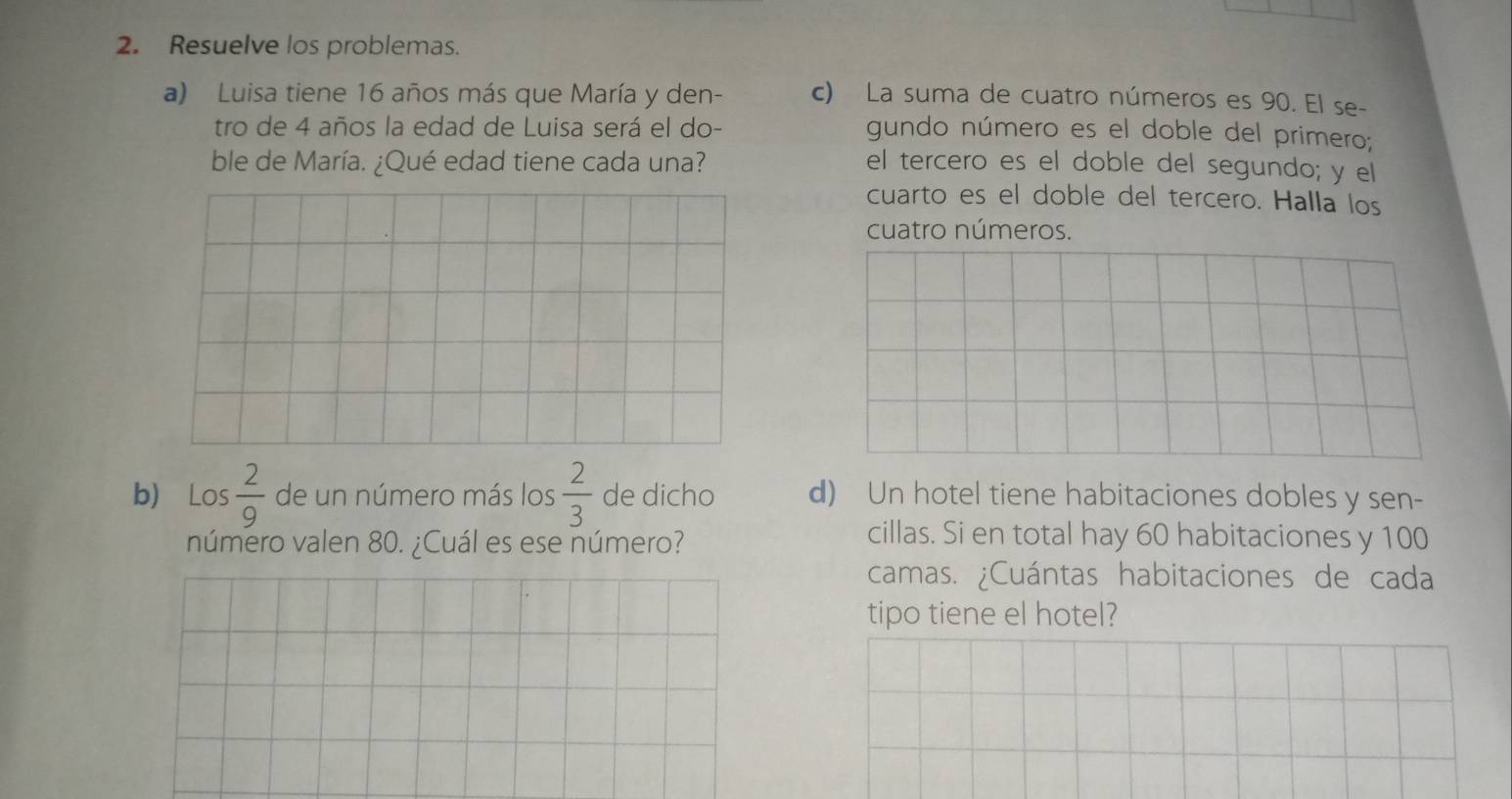 Resuelve los problemas. 
a) Luisa tiene 16 años más que María y den- c) La suma de cuatro números es 90. El se- 
tro de 4 años la edad de Luisa será el do- gundo número es el doble del primero; 
ble de María. ¿Qué edad tiene cada una? el tercero es el doble del segundo; y el 
cuarto es el doble del tercero. Halla los 
cuatro números. 
b) Los 2/9  de un número más los  2/3  de dicho d) Un hotel tiene habitaciones dobles y sen- 
número valen 80. ¿Cuál es ese número? 
cillas. Si en total hay 60 habitaciones y 100
camas. ¿Cuántas habitaciones de cada 
tipo tiene el hotel?