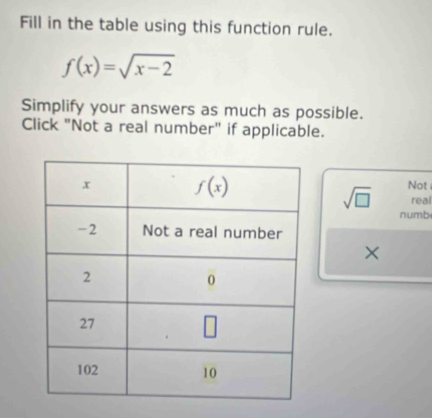 Fill in the table using this function rule.
f(x)=sqrt(x-2)
Simplify your answers as much as possible.
Click "Not a real number" if applicable.
Not
sqrt(□ ) real
numb
×