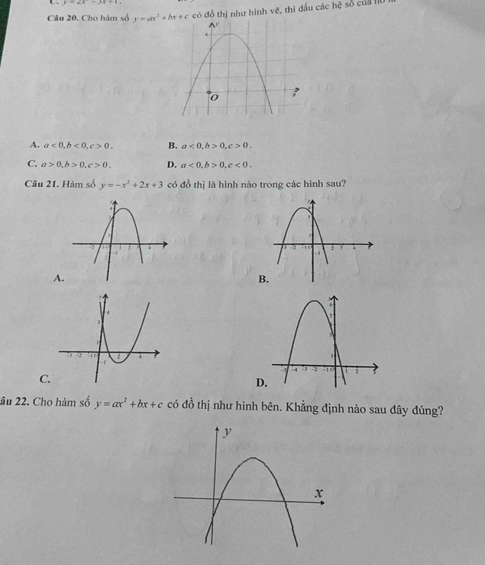 y=2x-3x+1. 
Câu 20. Cho hàm số y=ax^2+bx+c có đồ thị như hình vẽ, thì dấu các hhat c
A. a<0</tex>, b<0</tex>, c>0. B. a<0</tex>, b>0, c>0.
C. a>0, b>0, c>0. D. a<0</tex>, b>0, c<0</tex>. 
Câu 21. Hàm số y=-x^2+2x+3 có đồ thị là hình nào trong các hình sau?

A.
B

C.
D
âu 22. Cho hàm số y=ax^2+bx+c có đồ thị như hình bên. Khẳng định nào sau đây đúng?