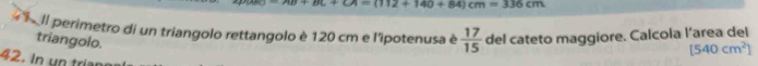 =AB+BC+CA=(112+140+84)cm=336cm
# Il perimetro di un triangolo rettangolo è 120 cm e l'ipotenusa è  17/15  del cateto maggiore. Calcola l’area del 
triangolo.
[540cm^2]
42. In un trín