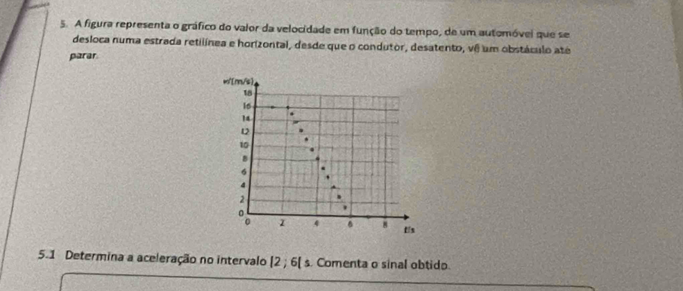 A figura representa o gráfico do valor da velocidade em função do tempo, de um automóvei que se 
desloca numa estrada retilínea e horizontal, desde que o condutor, desatento, vê um obstáculo até 
parar
(m/s)
18
Is
14
D
10
B
6
4
2
% 1 4 8 t/s
5.1 Determina a aceleração no intervalo 12; 6( s. Comenta o sinal obtido.