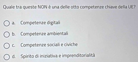 Quale tra queste NON è una delle otto competenze chiave della UE?
a. Competenze digitali
b. Competenze ambientali
c. Competenze sociali e civiche
d. Spirito di iniziativa e imprenditorialità