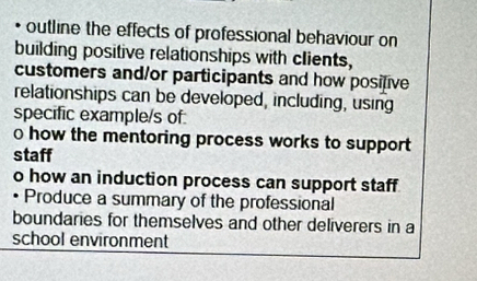 • outline the effects of professional behaviour on 
building positive relationships with clients, 
customers and/or participants and how posilive 
relationships can be developed, including, using 
specific example/s of: 
o how the mentoring process works to support 
staff 
o how an induction process can support staff 
Produce a summary of the professional 
boundaries for themselves and other deliverers in a 
school environment