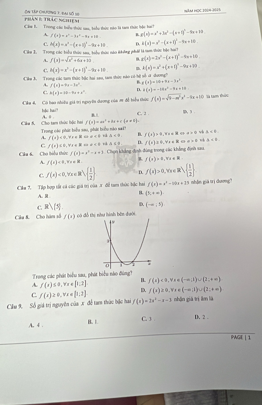 NĂM HỌC 2024-2025
Ôn tập chương 7. đại số 10
Phản I: TRÁC nghiệm
Câu 1. Trong các biểu thức sau, biểu thức nào là tam thức bậc hai?
A. f(x)=x^3-3x^2-9x+10.
B. g(x)=x^3+3x^2-(x+1)^3-9x+10.
C. h(x)=x^3-(x+1)^3-9x+10. D. k(x)=x^2-(x+1)^2-9x+10.
Câu 2. Trong các biểu thức sau, biểu thức nào không phải là tam thức bậc hai?
A. f(x)=sqrt(x^2+6x+10). B. g(x)=2x^2-(x+1)^2-9x+10.
C. h(x)=x^3-(x+1)^3-9x+10. D. k(x)=x^2+(x+1)^2-9x+10.
Câu 3. Trong các tam thức bậc hai sau, tam thức nào có hệ số đ dương?
A. f(x)=9x-3x^2.
B. g(x)=10+9x-3x^2.
C. h(x)=10-9x+x^2.
D. k(x)=-10x^2-9x+10.
Câu 4. Có bao nhiêu giá trị nguyên dương của m đề biều thức f(x)=sqrt(9-m^2)x^2-9x+10 là tam thức
bậc hai? D. 3 .
A. 0 . B.1. C. 2 .
Câu 5. Cho tam thức bậc hai f(x)=ax^2+bx+c(a!= 0).
Trong các phát biểu sau, phát biểu nào sai?
A. f(x)<0</tex> , ∀ x e RLeftrightarrow a<0</tex> và △ <0. B. f(x)>0 , ∀x ∈ RLeftrightarrow a>0 và △ <0.
C. f(x)≤ 0 ,forall x∈ RLeftrightarrow a<0</tex> và △ ≤ 0. D. f(x)≥ 0 ,∀x∈ RLeftrightarrow a>0 và △ <0.
Câu 6. Cho biểu thức f(x)=x^2-x+3 :  . Chọn khẳng định đúng trong các khẳng định sau.
A. f(x)<0,forall x∈ R.
B. f(x)>0,forall x∈ R.
C. f(x)<0,forall x∈ R|  1/2  .
D. f(x)>0,forall x∈ R|  1/2  .
Câu 7. Tập hợp tất cả các giá trị của x đề tam thức bậc hai f(x)=x^2-10x+25 nhận giá trị dương?
B.
A. IR . (5;+∈fty ).
C. R 5 .
D. (-∈fty ;5).
Câu 8. Cho hàm số f(x) có đồ thị như hình bên dưới.
Trong các phát biểu sau, phát biểu nào đúng?
B. f(x)<0</tex>
A. f(x)≤ 0,forall x∈ [1;2]. ,∀x∈ (-∈fty ;1)∪ (2;+∈fty ).
C. f(x)≥ 0,forall x∈ [1;2].
D. f(x)≥ 0 forall x∈ (-∈fty ;1)∪ (2;+∈fty ).
Câu 9. Số giá trị nguyên của x đề tam thức bậc hai f(x)=2x^2-x-3 nhận giá trị âm là
D. 2 .
A. 4 .
B. 1. C. 3 .
PAGE | 1