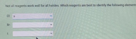 Not all reagents work well for all halides. Which reagents are best to identify the following element
Cl a
Br:
t