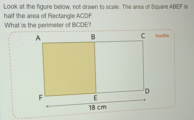 Look at the figure below, not drawn to scale. The area of Square ABEF is 
half the area of Rectangle ACDF. 
What is the perimeter of BCDE?