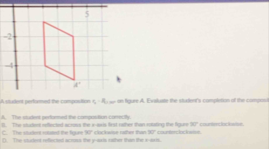 A student performed the composition r_1=R_0 s on figure A. Evaluate the student's completion of the composit
A. The student performed the composition correctly.
B. The student reffected across the x-axis first rather than rotating the figure 90° counterclockwise.
C. The student rotated the figure 90° clockwise rather than 90° counterclockwise.
D. The student reflected across the y-axis rather than the x-axis.