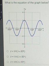 What is the equation of the graph below?
y=sin (x+80°)
y-cos (x+90°)
y=sin (x+45°)