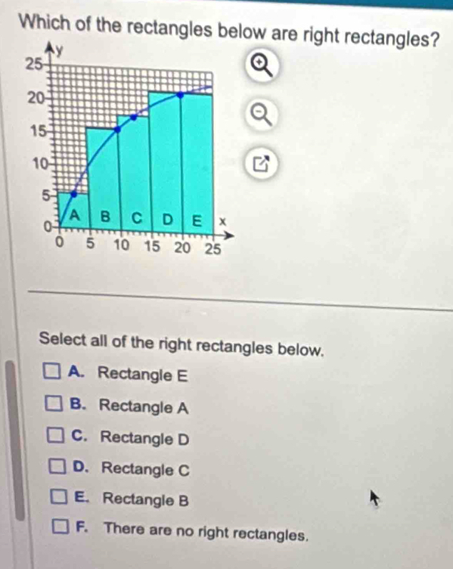 Which of the rectangles below are right rectangles?
Select all of the right rectangles below.
A. Rectangle E
B. Rectangle A
C. Rectangle D
D. Rectangle C
E. Rectangle B
F. There are no right rectangles.