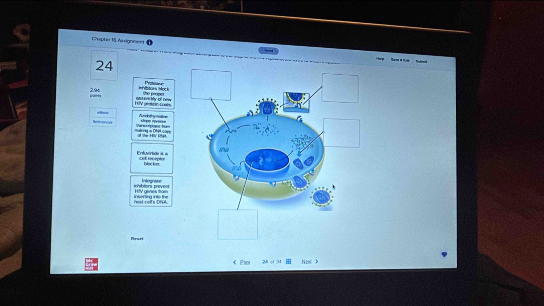 Chapter 16 Assignment 
24 
Savo & Esh Sube 
Protease 
2.94 inhibitors block 
the proper 
points assembly of new 
HIV protein coats 
eBock Aridothymidine 
References stops revers 
makin g a DNA ol the HIV RNA 
Enfuvirtide is a 
cell receptor 
blocker. 
Integrase 
inhibitors prevent 
HIV genes from 
inserting into the 
host cell's DNA. 
Reset 
< Prev Next >