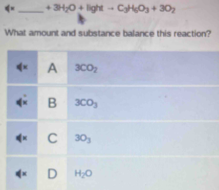 (x_ +3H_2O+lightto C_3H_6O_3+3O_2
What amount and substance balance this reaction?