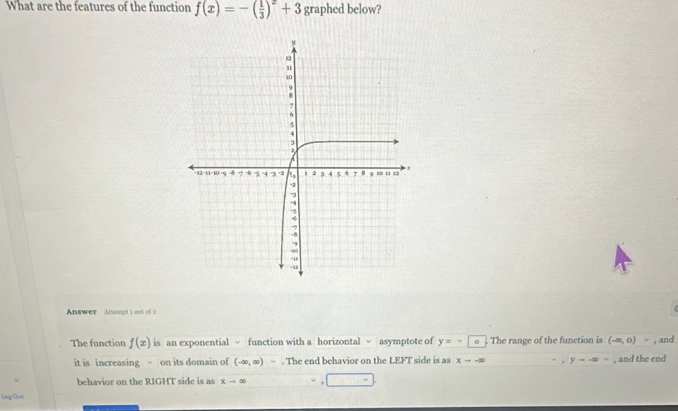 What are the features of the function f(x)=-( 1/3 )^x+3 graphed below?
Answer Attempt 1 out of 2
The function f(x) is an exponential √ function with a horizontal √ asymptote of y= 0 The range of the function is (-∈fty ,0) , and
it is increasing ~ on its domain of (-∈fty ,∈fty ) 4 . The end behavior on the LEFT side is as Xto -∈fty yto -∈fty , and the end
behavior on the RIGHT side is as xto ∈fty