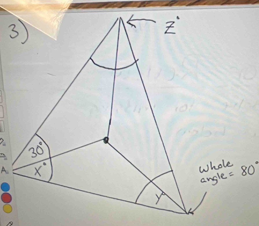 A  30°/x° 
whole
angle =80°
y°