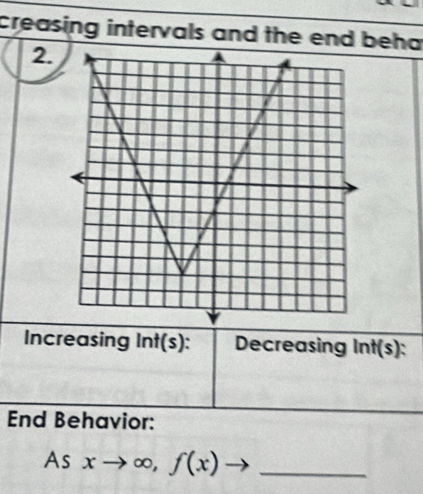 creasing intervals and the end beha 
2. 
Increasing I nf( (s) : Decreasing Int(s)
End Behavior:
Asxto ∈fty ,f(x)to _