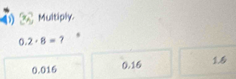 Multiply.
0.2· 8= 7
1.6
0.016
0.16