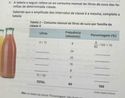 A tabela a seguir refere-se ao consumo mensal de litros de suco das fa-
mílias de determinada cidade.
Sabendo que a amplitude dos intervalos de classe é a mesma, complete a
tabela:
Tabela 2 - Consumo mensal de litros de suco por família da
cidade X
e: Dados ficticios.
Obs.: os dados da coluna ''Porcentagem'' são cham