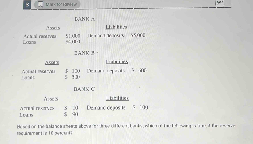 for Review 
BANK A 
Assets Liabilities 
Actual reserves $1,000 Demand deposits $5,000
Loans $4,000
BANK B· 
Assets Liabilities 
Actual reserves $ 100 Demand deposits $ 600
Loans $ 500
BANK C 
Assets Liabilities 
Actual reserves $ 10 Demand deposits $ 100
Loans $ 90
Based on the balance sheets above for three different banks, which of the following is true, if the reserve 
requirement is 10 percent?