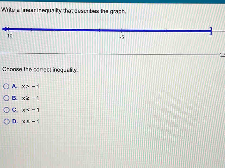 Write a linear inequality that describes the graph.
-10
-5
Choose the correct inequality.
A. x>-1
B. x≥ -1
C. x
D. x≤ -1