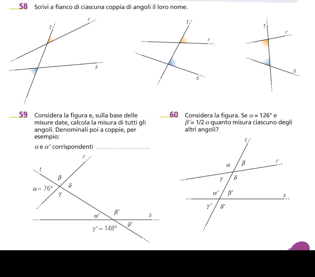 Scrivi a fianco di ciascuna coppia di angoli il loro nome.
59 Considera la figura e, sulla base delle 60 Considera la figura. Se alpha =126° e
misure date, calcola la misura di tutti gli beta '=1/2 α quanto misura ciascuno degli
angoli. Denominali poi a coppie, per altri angoli?
esempio:
αe alpha ' corrispondenti_