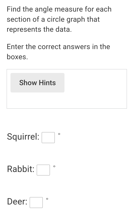 Find the angle measure for each 
section of a circle graph that 
represents the data. 
Enter the correct answers in the 
boxes. 
Show Hints 
Squirrel: □°
Rabbit: □°
Deer: □°