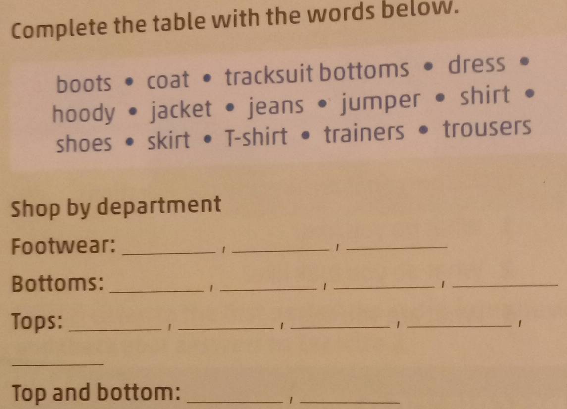 Complete the table with the words below. 
boots coat • tracksuit bottoms • dress 
hoody jacket • jeans • jumper • shirt 
shoes skirt • T-shirt • trainers • trousers 
Shop by department 
Footwear:_ 
_1 
_1 
Bottoms:_ 
_1 
_1 
_1 
Tops:_ 
_1_ 
_1 
1 
_ 
Top and bottom:_ 
_1