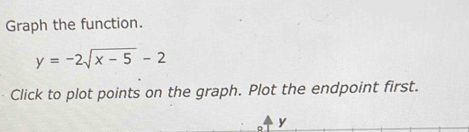 Graph the function.
y=-2sqrt(x-5)-2
Click to plot points on the graph. Plot the endpoint first.
Q y