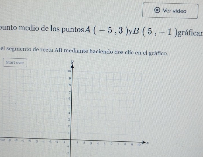 Ver video 
punto medio de los puntos A(-5,3) y B(5,-1) gráfican 
el segmento de recta AB mediante haciendo dos clic en el gráfico.
-10
-2