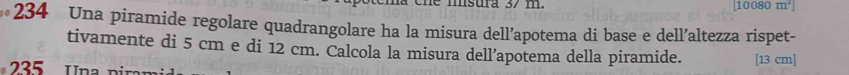 msura 37 m. 10080 m^3]
234 Una piramide regolare quadrangolare ha la misura dell’apotema di base e dell’altezza rispet- 
tivamente di 5 cm e di 12 cm. Calcola la misura dell’apotema della piramide. 
U na n [13 cm]