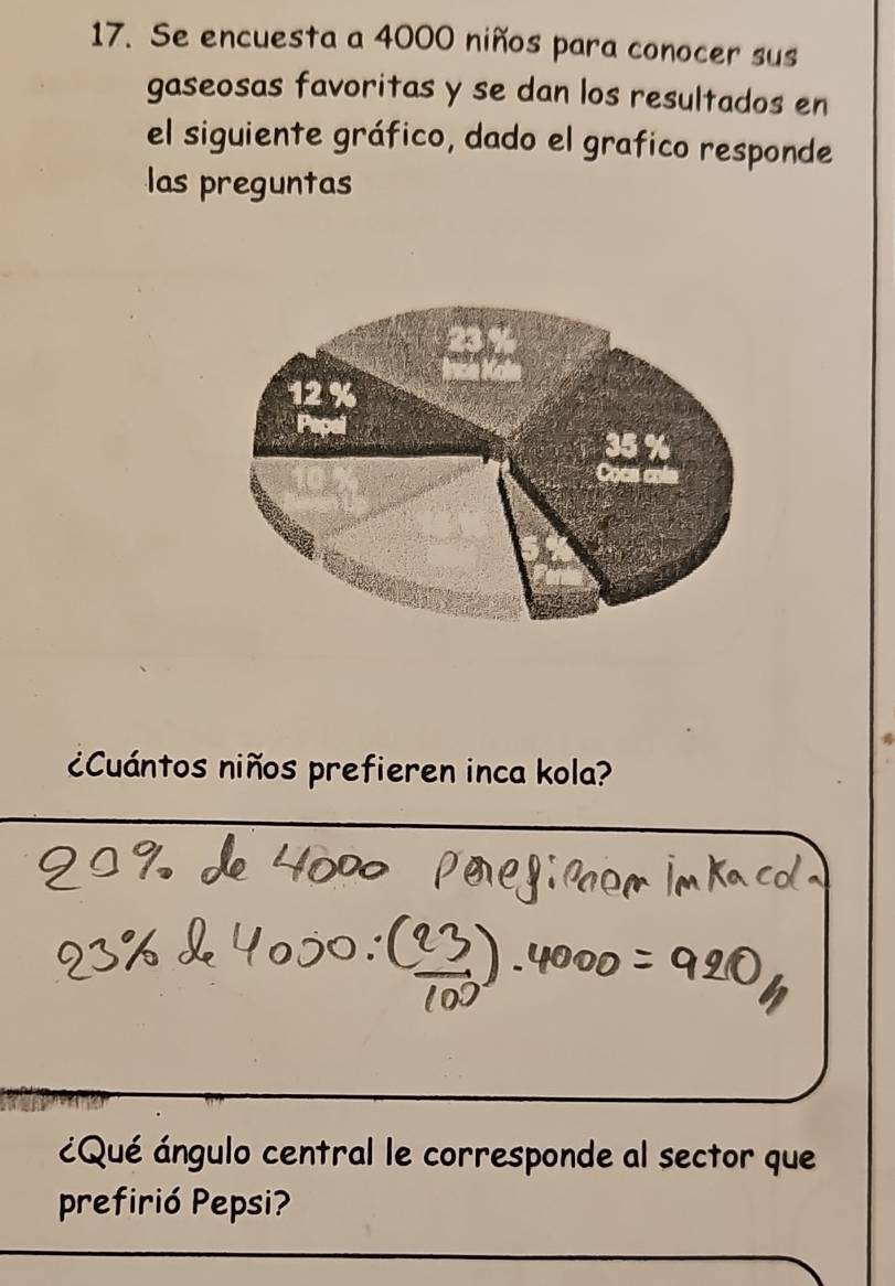 Se encuesta a 4000 niños para conocer sus 
gaseosas favoritas y se dan los resultados en 
el siguiente gráfico, dado el grafico responde 
las preguntas 
¿Cuántos niños prefieren inca kola? 
¿Qué ángulo central le corresponde al sector que 
prefirió Pepsi?