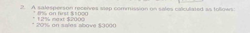 A salesperson receives step commission on sales calculated as follows:
8% on first $1000
12% next $2000
20% on sales above $3000